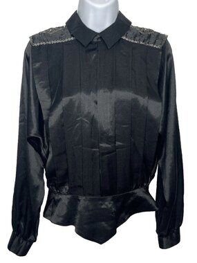 Vintage 80s Axiom Black Satin Peplum Blouse Top Size 6 Pleats Beaded Button Back